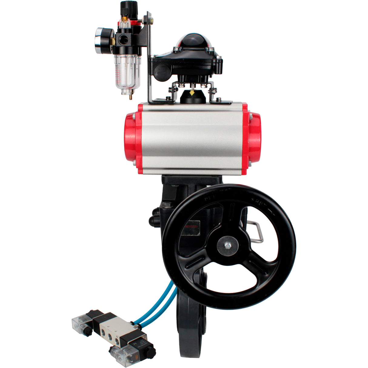 Butterfly valves Elephant WBV4242E-2W-Fb-ISO, body material - UPVC, disc material - UPVC, seal - EPDM, with pneumatic actuator double action PA-DA, pneumatic distributor 4V320-08 220V, LSU APL-210N, ATU AFC2000 and handwheel MON