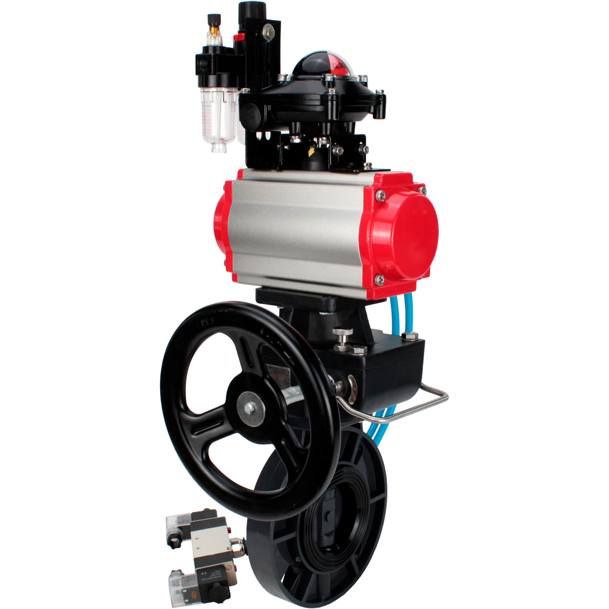 Butterfly valves Elephant WBV4242E-2W-Fb-ISO, body material - UPVC, disc material - UPVC, seal - EPDM, with pneumatic actuator double action PA-DA, pneumatic distributor 4V320-08 220V, LSU APL-210N, ATU AFC2000 and handwheel MON