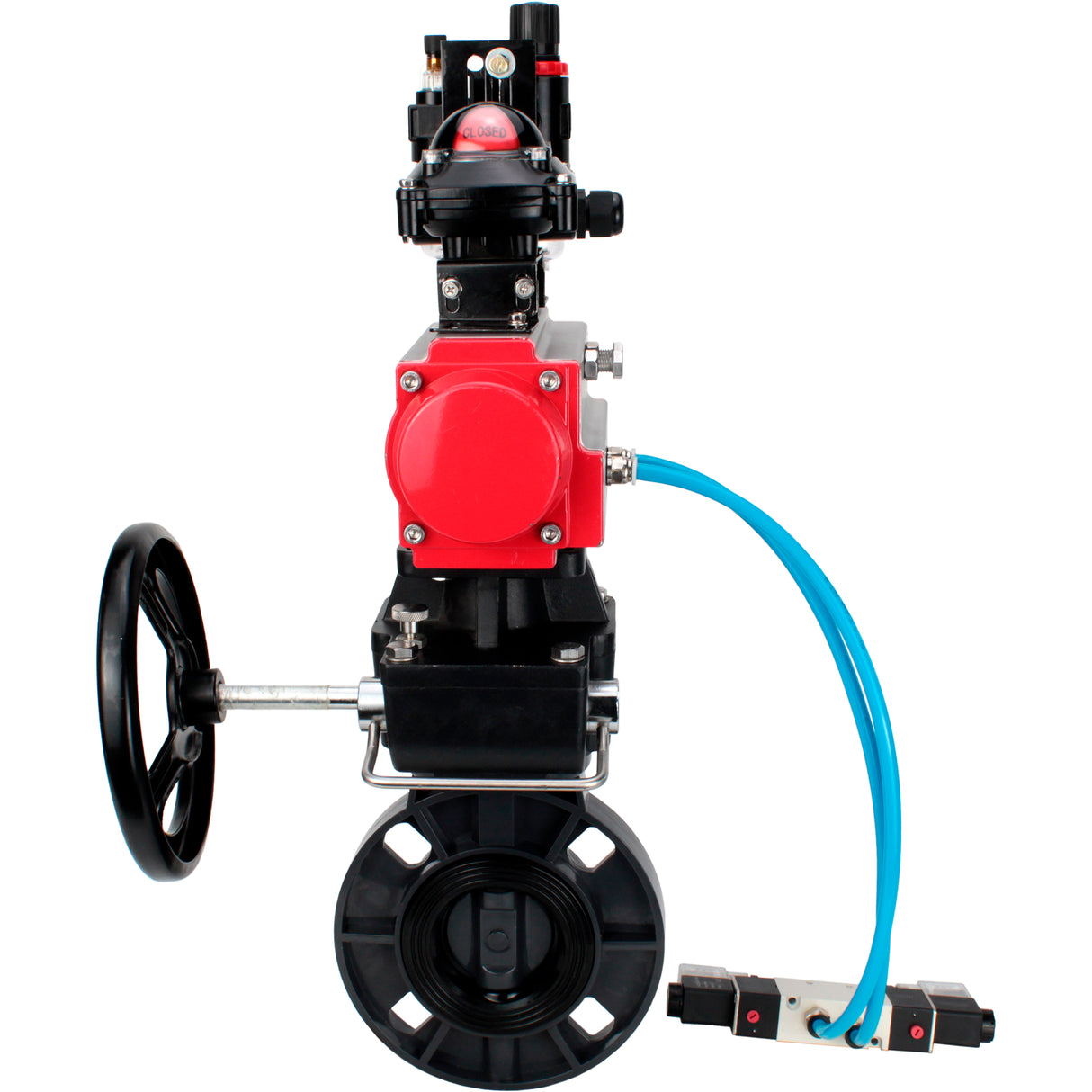 Butterfly valves Elephant WBV4242E-2W-Fb-ISO, body material - UPVC, disc material - UPVC, seal - EPDM, with pneumatic actuator double action PA-DA, pneumatic distributor 4V320-08 220V, LSU APL-210N, ATU AFC2000 and handwheel MON