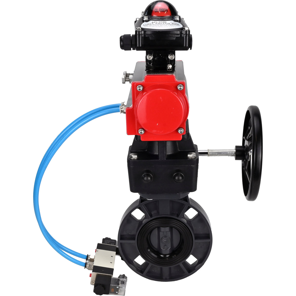 Butterfly valves Elephant WBV4242E-2W-Fb-ISO, body material - UPVC, disc material - UPVC, seal - EPDM, with pneumatic actuator double action PA-DA, pneumatic distributor 4V320-10 220V, LSU APL-210N and handwheel MON