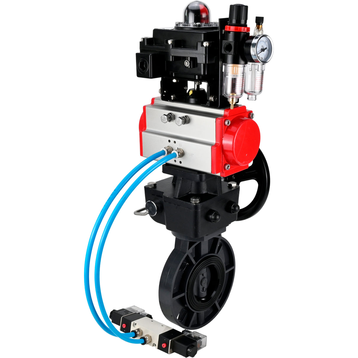 Butterfly valves Elephant WBV4242E-2W-Fb-ISO, body material - UPVC, disc material - UPVC, seal - EPDM, with pneumatic actuator double action PA-DA, pneumatic distributor 4V320-08 220V, LSU APL-410N EX, ATU AFC2000 and handwheel MON