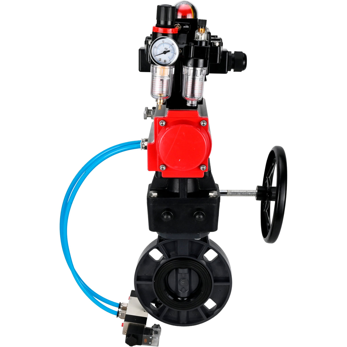 Butterfly valves Elephant WBV4242E-2W-Fb-ISO, body material - UPVC, disc material - UPVC, seal - EPDM, with pneumatic actuator double action PA-DA, pneumatic distributor 4V320-08 220V, LSU APL-410N EX, ATU AFC2000 and handwheel MON