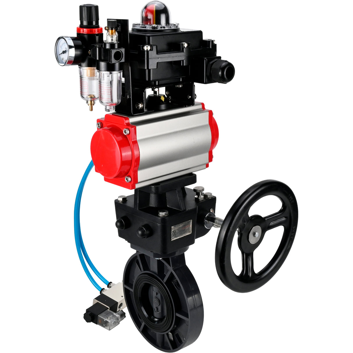 Butterfly valves Elephant WBV4242E-2W-Fb-ISO, body material - UPVC, disc material - UPVC, seal - EPDM, with pneumatic actuator double action PA-DA, pneumatic distributor 4V320-08 220V, LSU APL-410N EX, ATU AFC2000 and handwheel MON