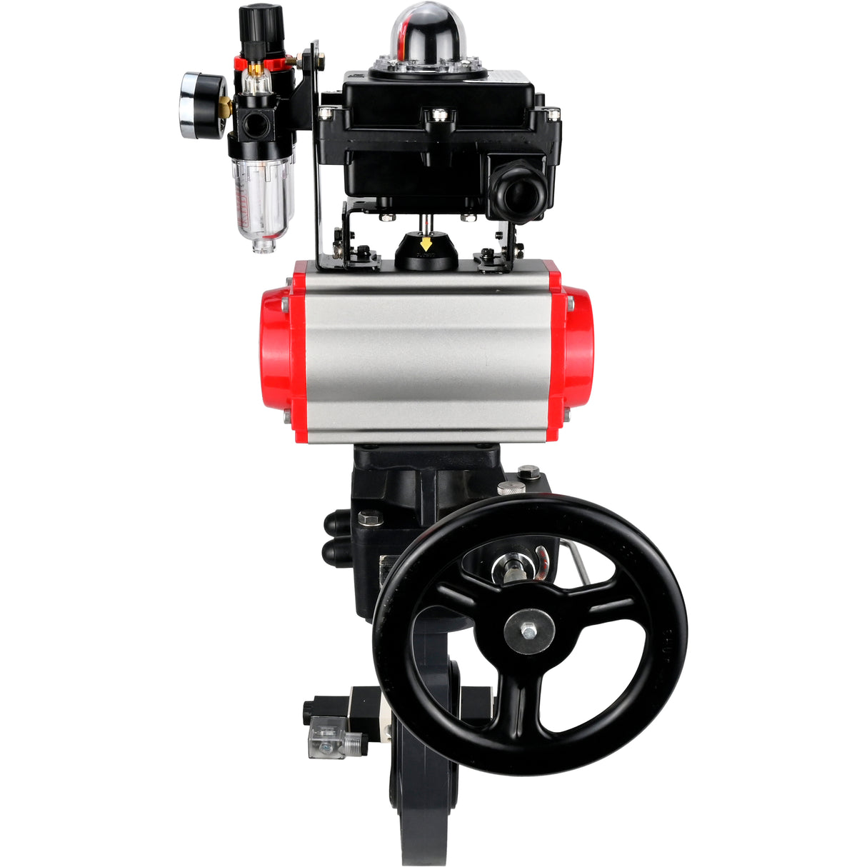 Butterfly valves Elephant WBV4242E-2W-Fb-ISO, body material - UPVC, disc material - UPVC, seal - EPDM, with pneumatic actuator double action PA-DA, pneumatic distributor 4V320-08 220V, LSU APL-410N EX, ATU AFC2000 and handwheel MON