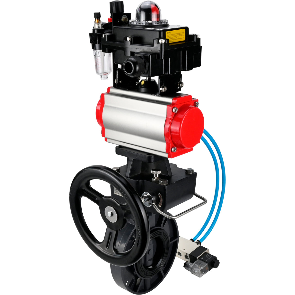 Butterfly valves Elephant WBV4242E-2W-Fb-ISO, body material - UPVC, disc material - UPVC, seal - EPDM, with pneumatic actuator double action PA-DA, pneumatic distributor 4V320-08 220V, LSU APL-410N EX, ATU AFC2000 and handwheel MON
