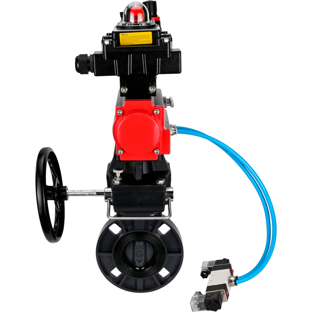 Butterfly valves Elephant WBV4242E-2W-Fb-ISO, body material - UPVC, disc material - UPVC, seal - EPDM, with pneumatic actuator double action PA-DA, pneumatic distributor 4V320-08 220V, LSU APL-410N EX, ATU AFC2000 and handwheel MON