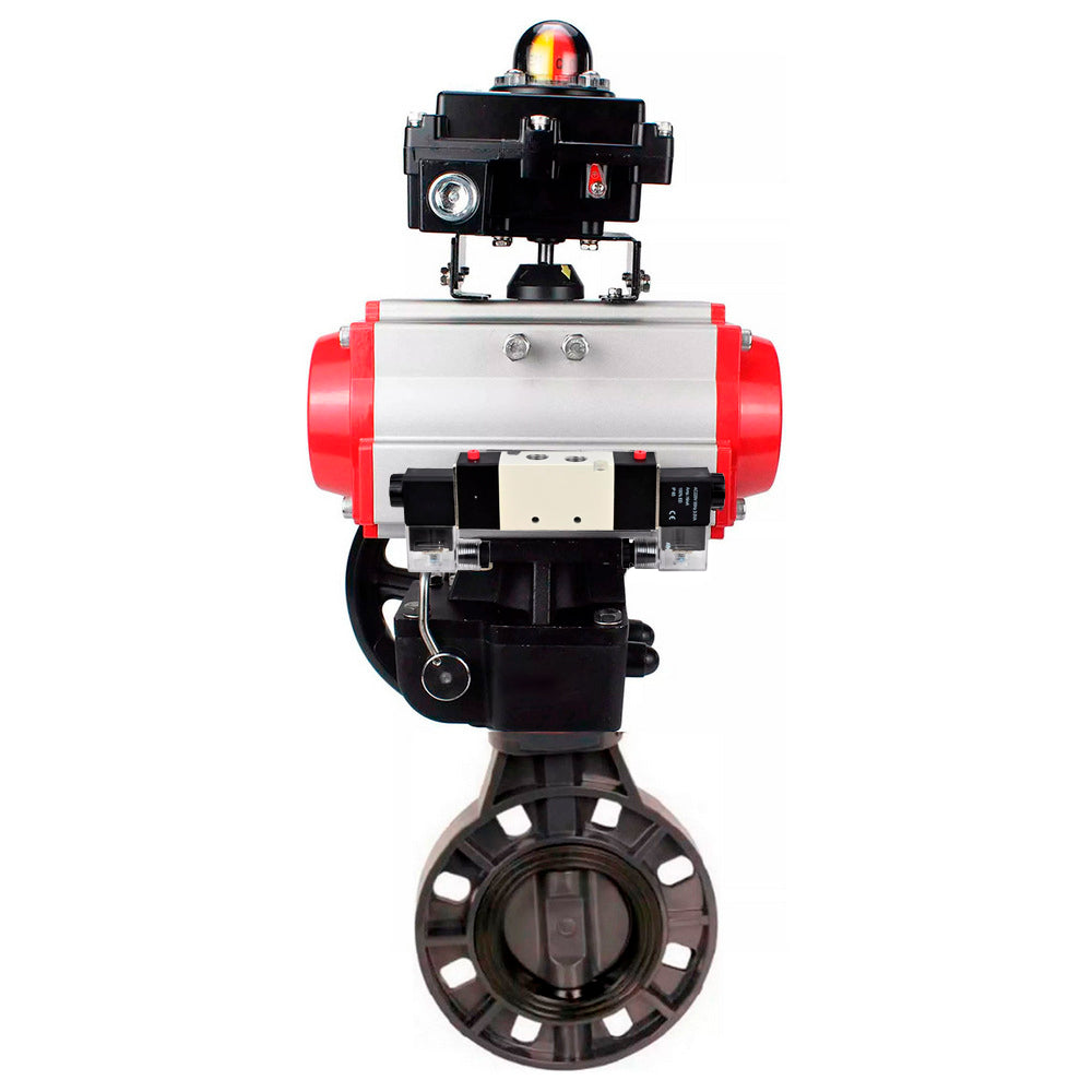 Butterfly valves Elephant WBV4242E-2W-Fb-ISO, body material - UPVC, disc material - UPVC, seal - EPDM, with pneumatic actuator double action PA-DA, pneumatic distributor 4V320-08 220V, LSU APL-510N EX and handwheel MON