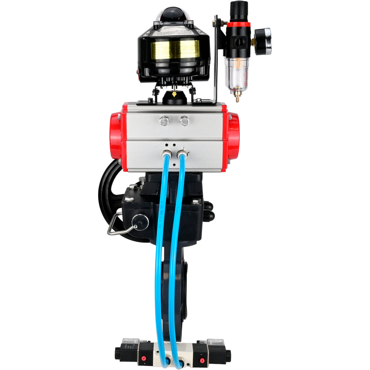 Butterfly valves Elephant WBV4242E-2W-Fb-ISO, body material - UPVC, disc material - UPVC, seal - EPDM, with pneumatic actuator double action PA-DA, pneumatic distributor 4V320-10 220V, LSU APL-510N EX, ATU AFC2000 and handwheel MON