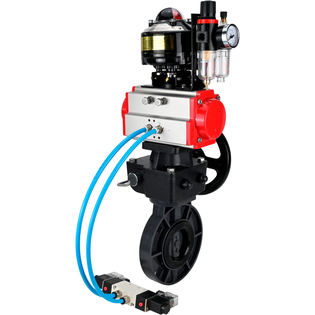 Butterfly valves Elephant WBV4242E-2W-Fb-ISO, body material - UPVC, disc material - UPVC, seal - EPDM, with pneumatic actuator double action PA-DA, pneumatic distributor 4V320-10 220V, LSU APL-510N EX, ATU AFC2000 and handwheel MON