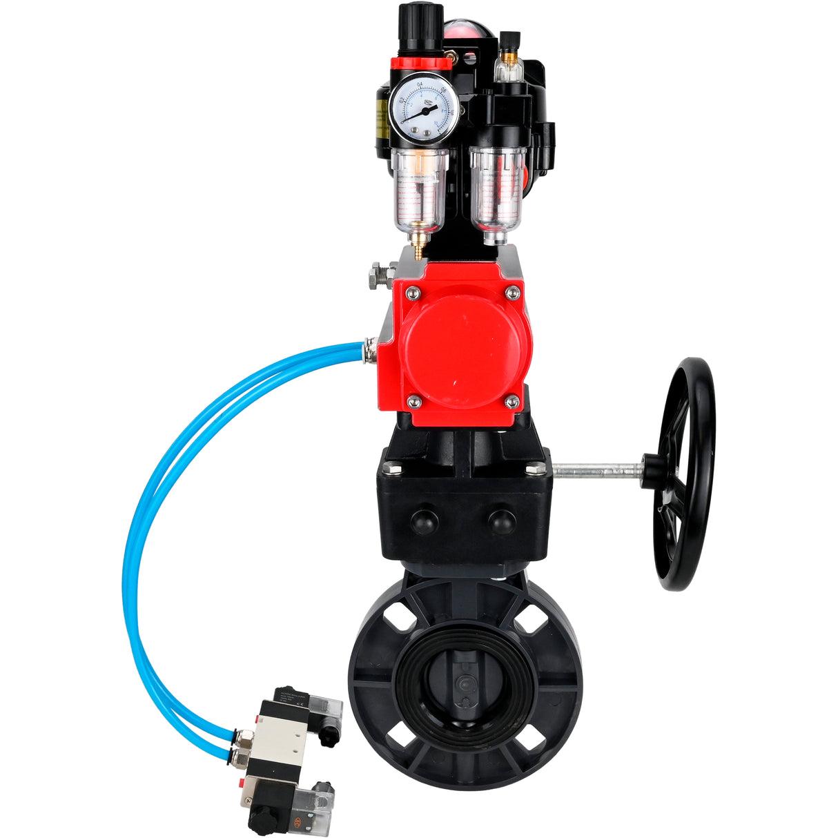 Butterfly valves Elephant WBV4242E-2W-Fb-ISO, body material - UPVC, disc material - UPVC, seal - EPDM, with pneumatic actuator double action PA-DA, pneumatic distributor 4V320-10 220V, LSU APL-510N EX, ATU AFC2000 and handwheel MON