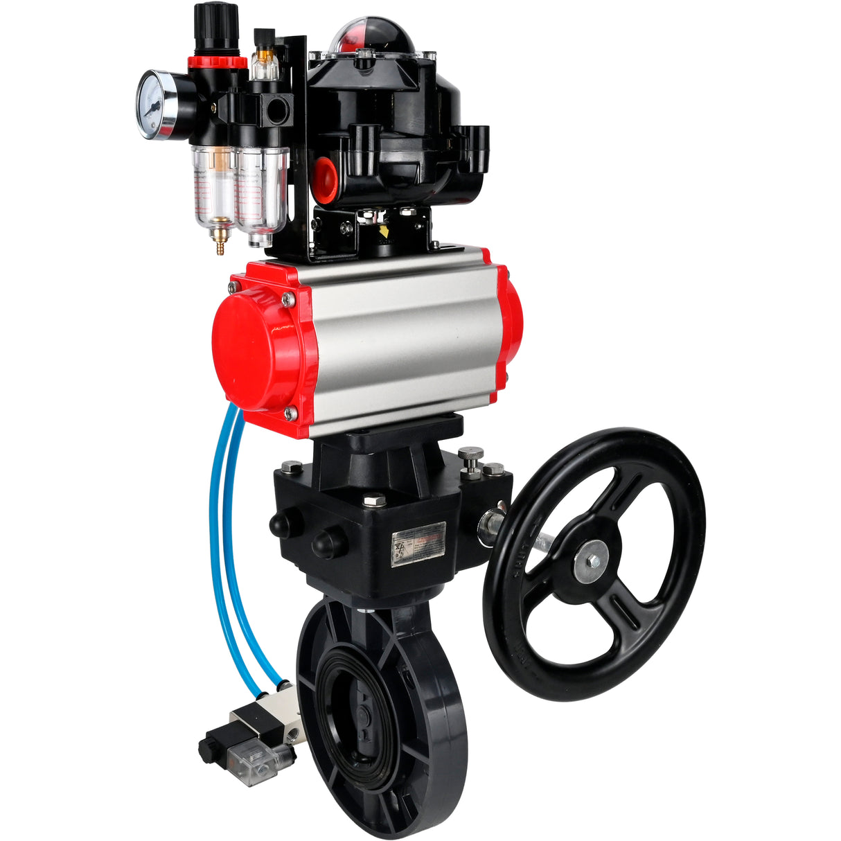 Butterfly valves Elephant WBV4242E-2W-Fb-ISO, body material - UPVC, disc material - UPVC, seal - EPDM, with pneumatic actuator double action PA-DA, pneumatic distributor 4V320-10 220V, LSU APL-510N EX, ATU AFC2000 and handwheel MON