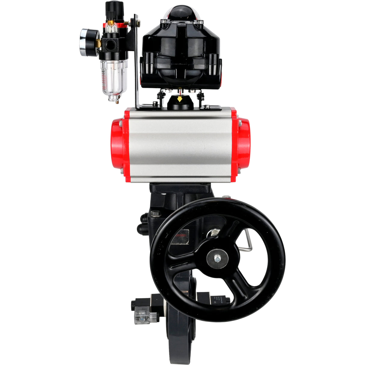 Butterfly valves Elephant WBV4242E-2W-Fb-ISO, body material - UPVC, disc material - UPVC, seal - EPDM, with pneumatic actuator double action PA-DA, pneumatic distributor 4V320-10 220V, LSU APL-510N EX, ATU AFC2000 and handwheel MON