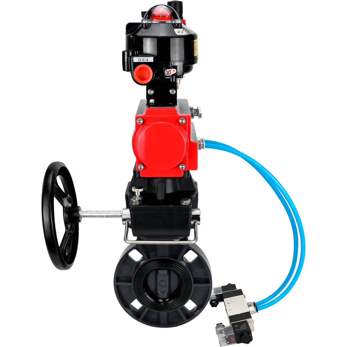Butterfly valves Elephant WBV4242E-2W-Fb-ISO, body material - UPVC, disc material - UPVC, seal - EPDM, with pneumatic actuator double action PA-DA, pneumatic distributor 4V320-10 220V, LSU APL-510N EX, ATU AFC2000 and handwheel MON