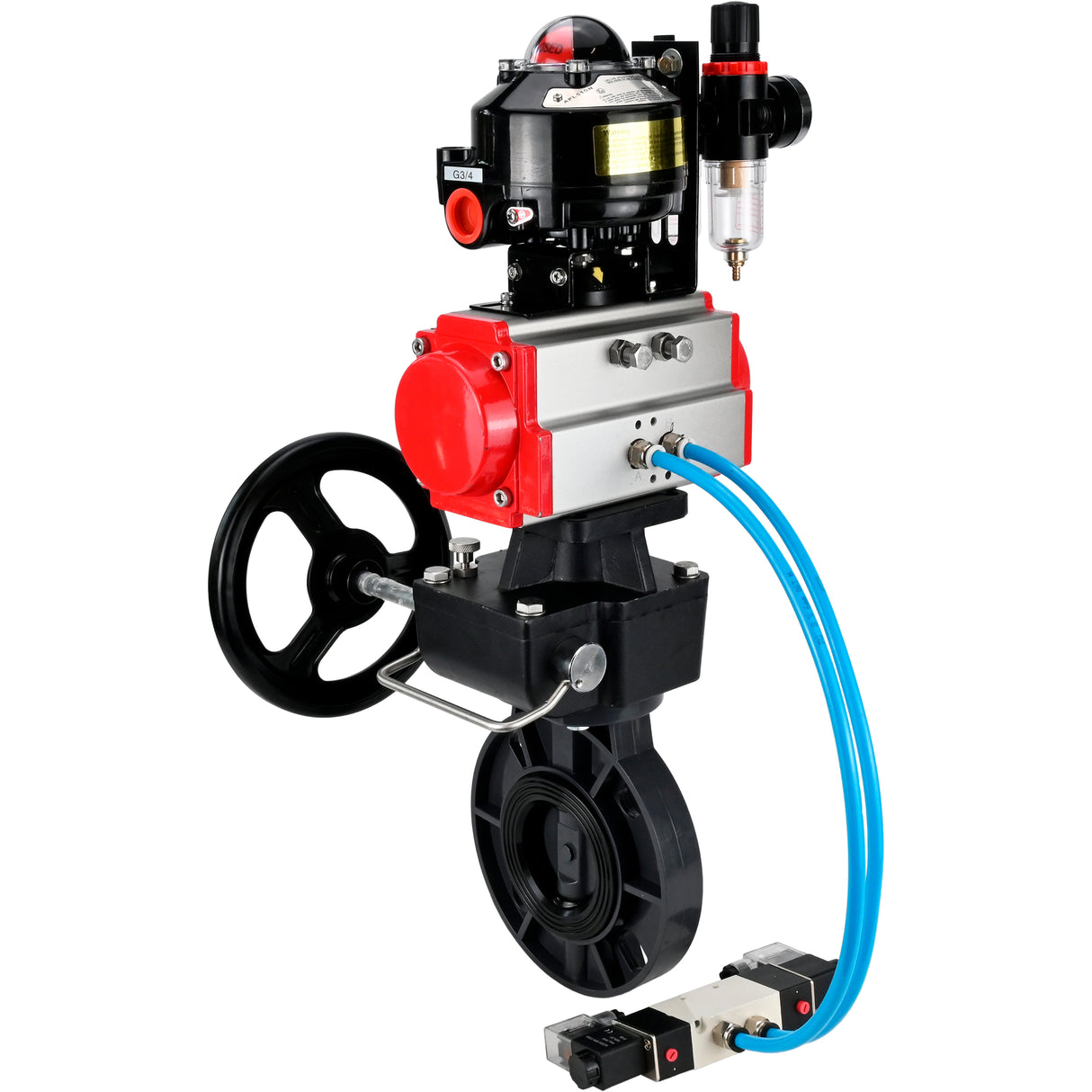 Butterfly valves Elephant WBV4242E-2W-Fb-ISO, body material - UPVC, disc material - UPVC, seal - EPDM, with pneumatic actuator double action PA-DA, pneumatic distributor 4V320-10 220V, LSU APL-510N EX, ATU AFC2000 and handwheel MON