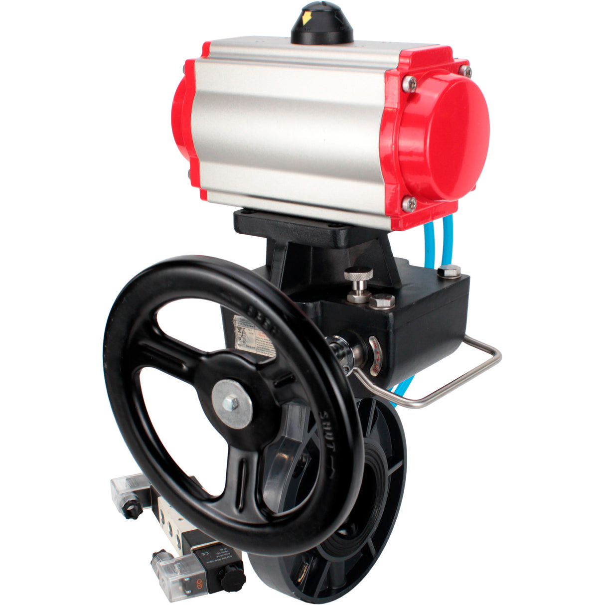 Butterfly valves Elephant WBV4242E-2W-Fb-ISO, body material - UPVC, disc material - UPVC, seal - EPDM, with pneumatic actuator double action PA-DA, pneumatic distributor 4V320-08 220V and handwheel MON