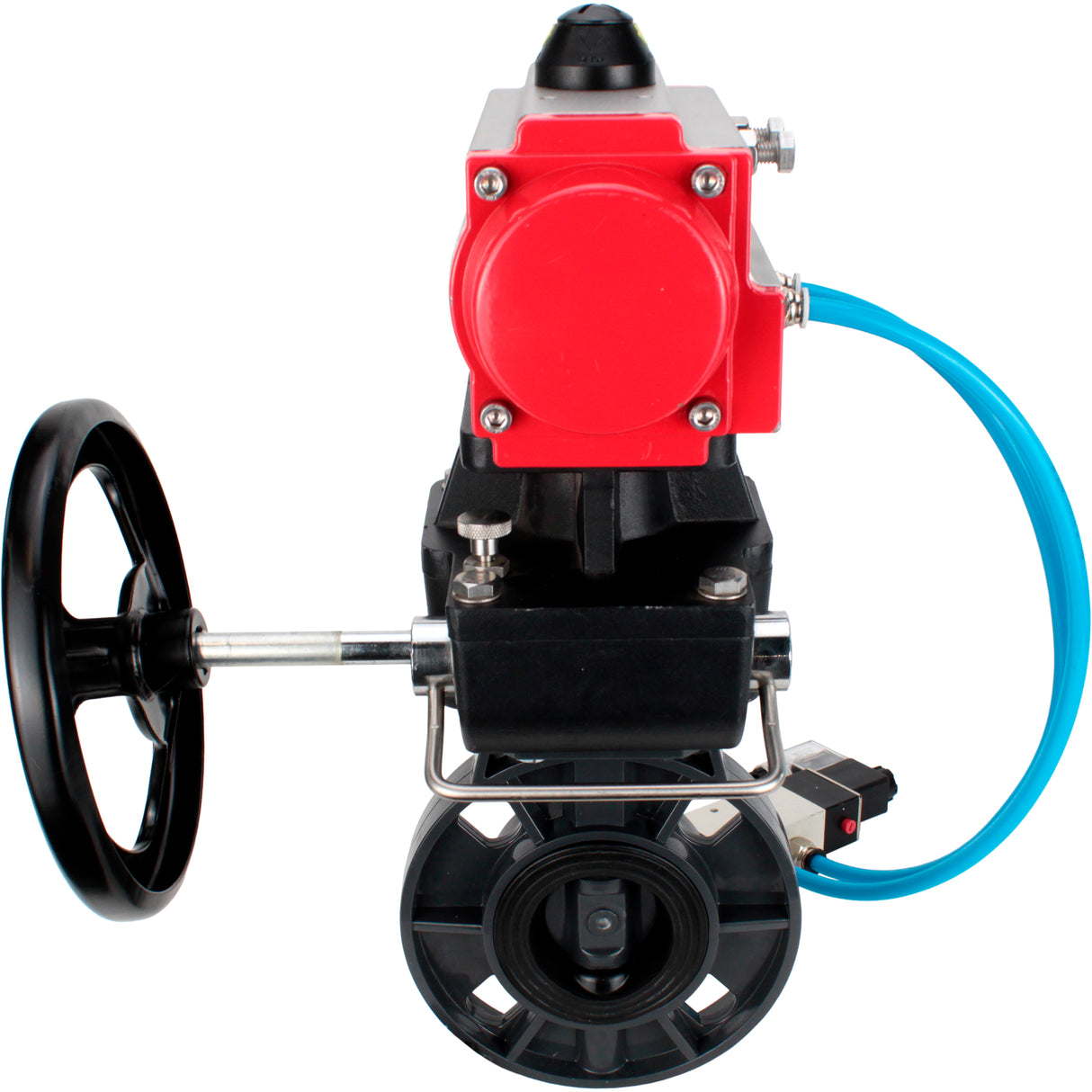 Butterfly valves Elephant WBV4242E-2W-Fb-ISO, body material - UPVC, disc material - UPVC, seal - EPDM, with pneumatic actuator double action PA-DA, pneumatic distributor 4V320-08 220V and handwheel MON