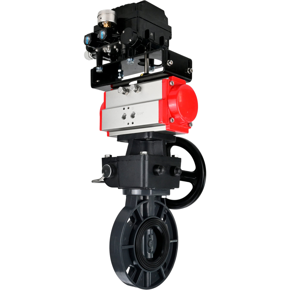 Butterfly valves Elephant WBV4242E-2W-Fb-ISO, body material - UPVC, disc material - UPVC, seal - EPDM, with pneumatic actuator double action PA-DA, electro-pneumatic rotary positioner YT-1000RSN without feedback and handwheel MON