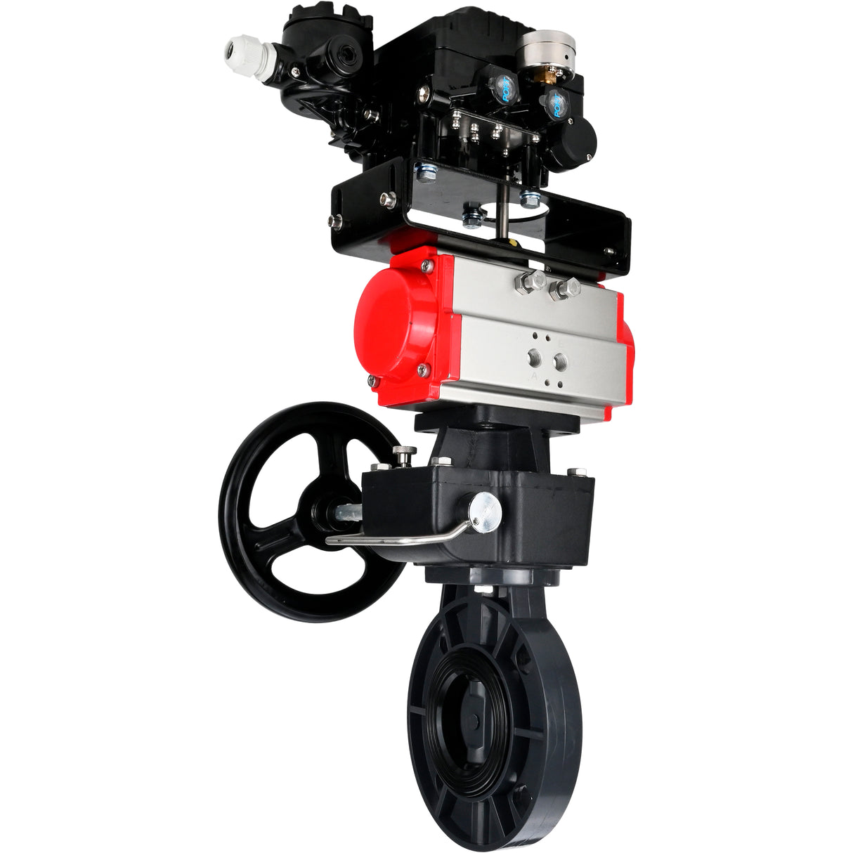 Butterfly valves Elephant WBV4242E-2W-Fb-ISO, body material - UPVC, disc material - UPVC, seal - EPDM, with pneumatic actuator double action PA-DA, electro-pneumatic rotary positioner YT-1000RSN with feedback and handwheel MON