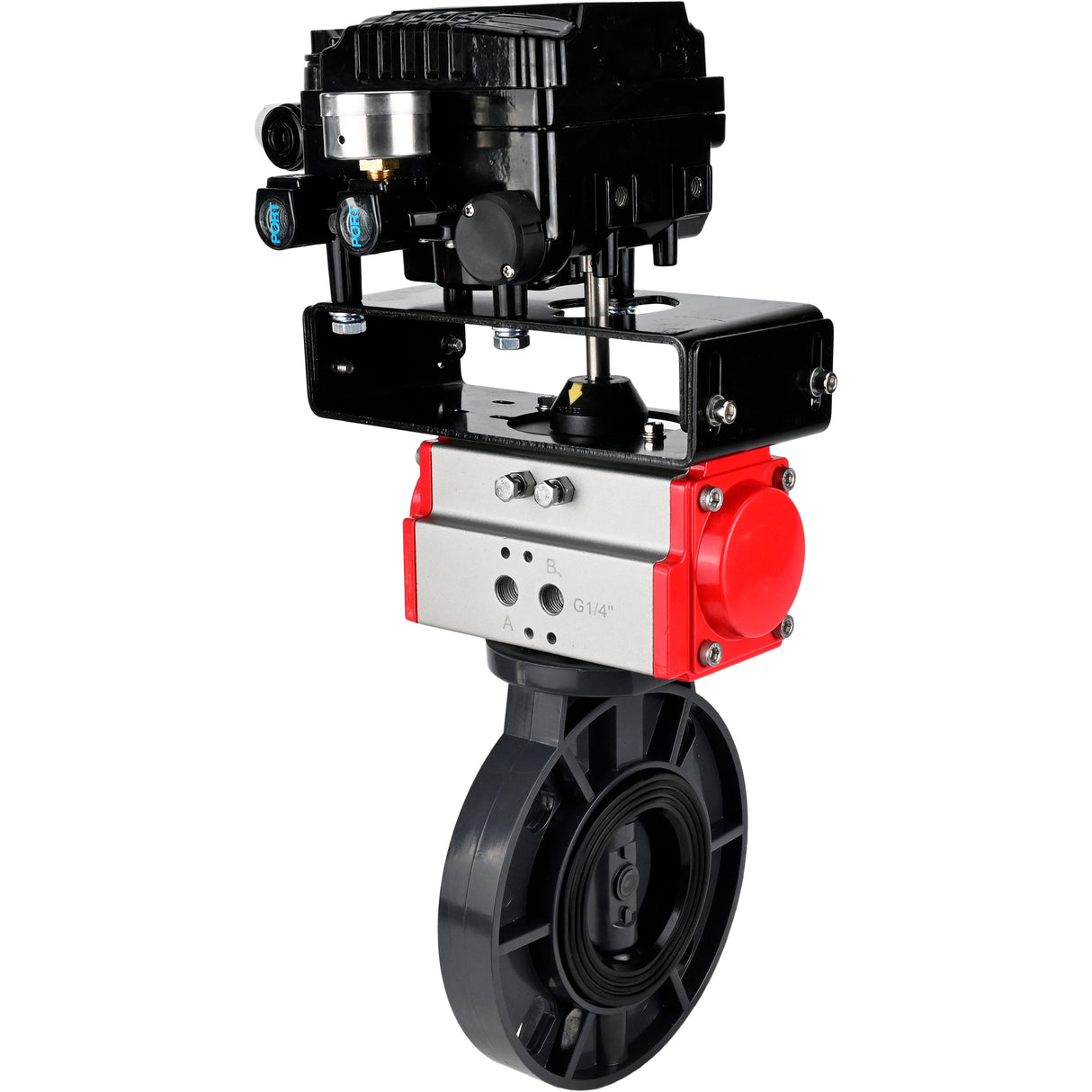 Butterfly valves Elephant WBV4242E-2W-Fb-ISO, body material - UPVC, disc material - UPVC, seal - EPDM, with pneumatic actuator double action PA-DA and electro-pneumatic rotary positioner YT-1000RSN without feedback