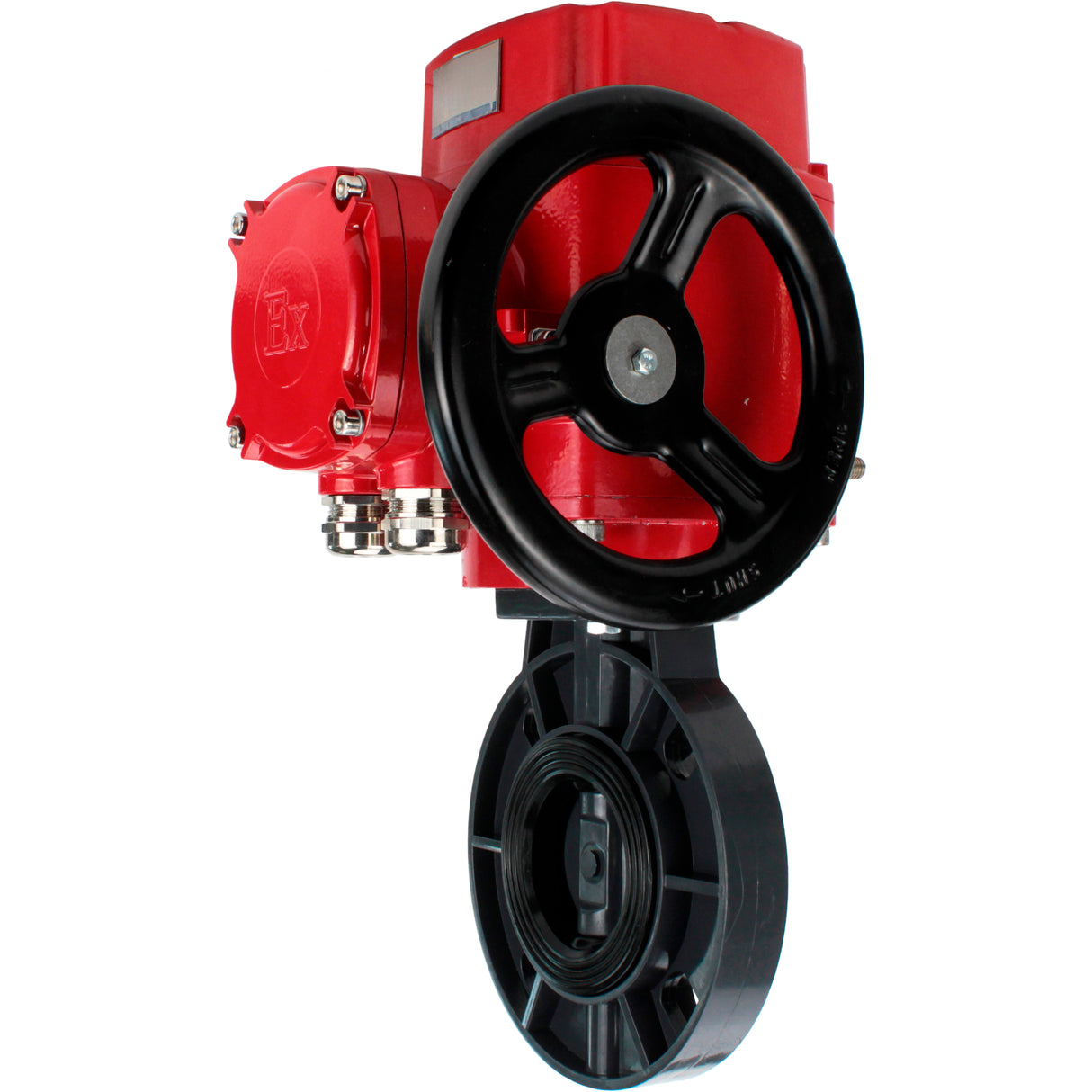 Butterfly valves Elephant WBV4242E-2W-Fb-ISO, body material - UPVC, disc material - UPVC, seal - EPDM, with explosion-proof quarter-turn actuator QT-EX-M-O2-220VAC-U1, torque clutch and handwheel