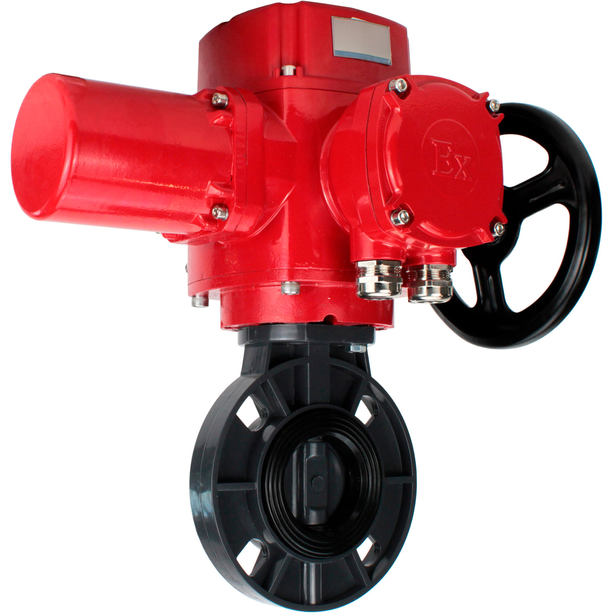Butterfly valves Elephant WBV4242E-2W-Fb-ISO, body material - UPVC, disc material - UPVC, seal - EPDM, with explosion-proof quarter-turn actuator QT-EX-M-O2-220VAC-U1, torque clutch and handwheel