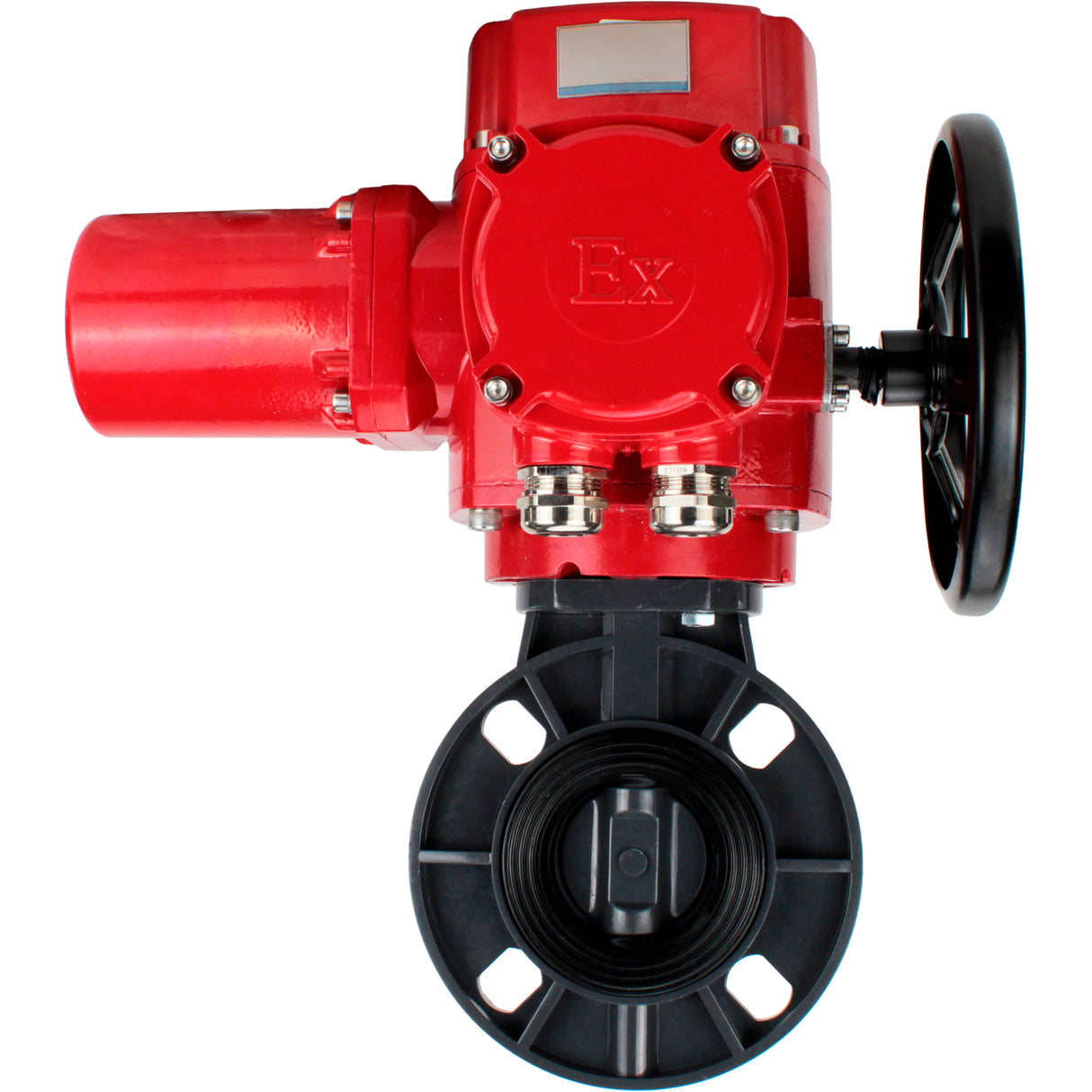 Butterfly valves Elephant WBV4242E-2W-Fb-ISO, body material - UPVC, disc material - UPVC, seal - EPDM, with explosion-proof quarter-turn actuator QT-EX-M-O2-220VAC-U1, torque clutch and handwheel