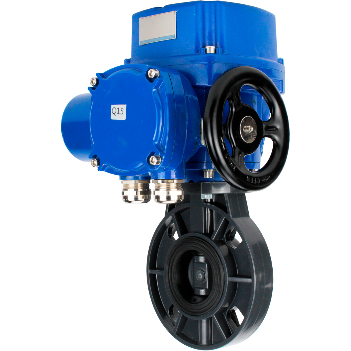 Butterfly valves Elephant WBV4242E-2W-Fb-ISO, body material - UPVC, disc material - UPVC, seal - EPDM, with quarter-turn actuator QT-N-M-O2-220VAC-U1, torque clutch and handwheel