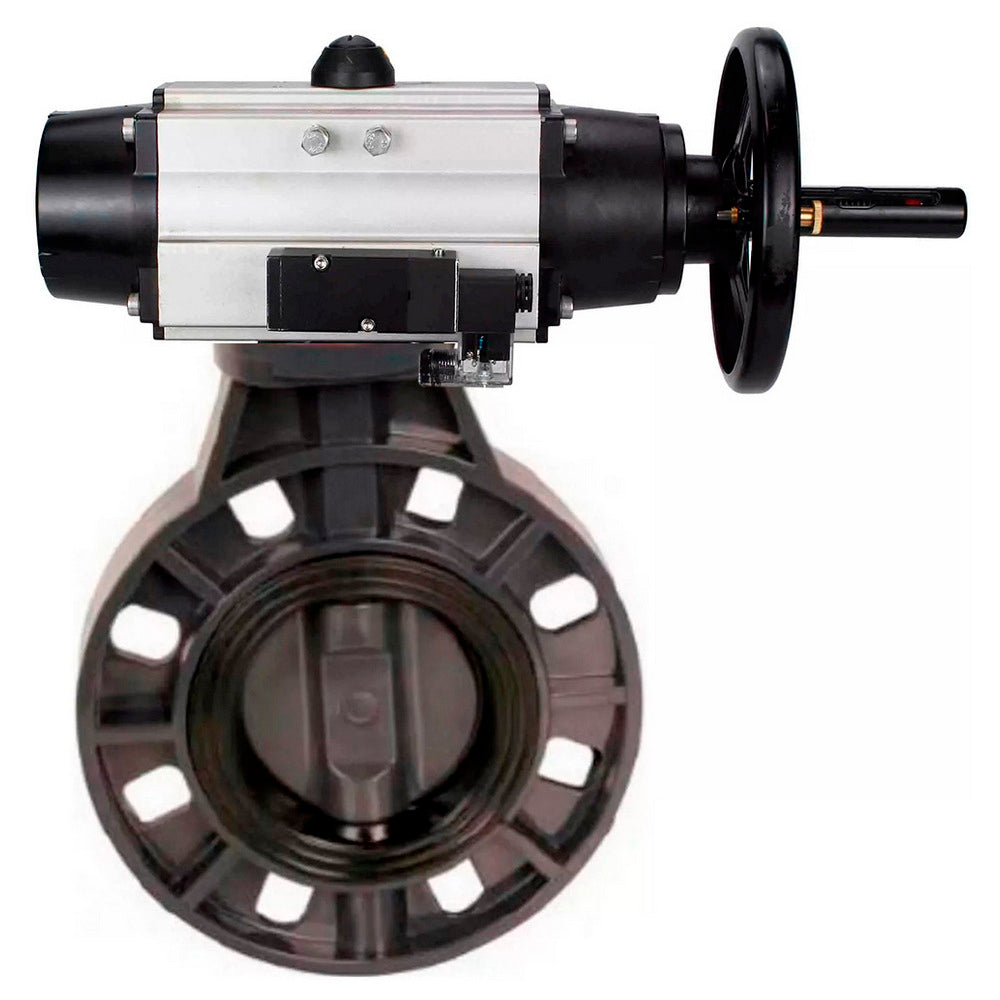 Butterfly valves Elephant WBV4242E-2W-Fb-ISO, body material - UPVC, disc material - UPVC, seal - EPDM, with pneumatic actuator double action PA-DA-105-1 and pneumatic distributor 4M310-08 NAMUR 220V