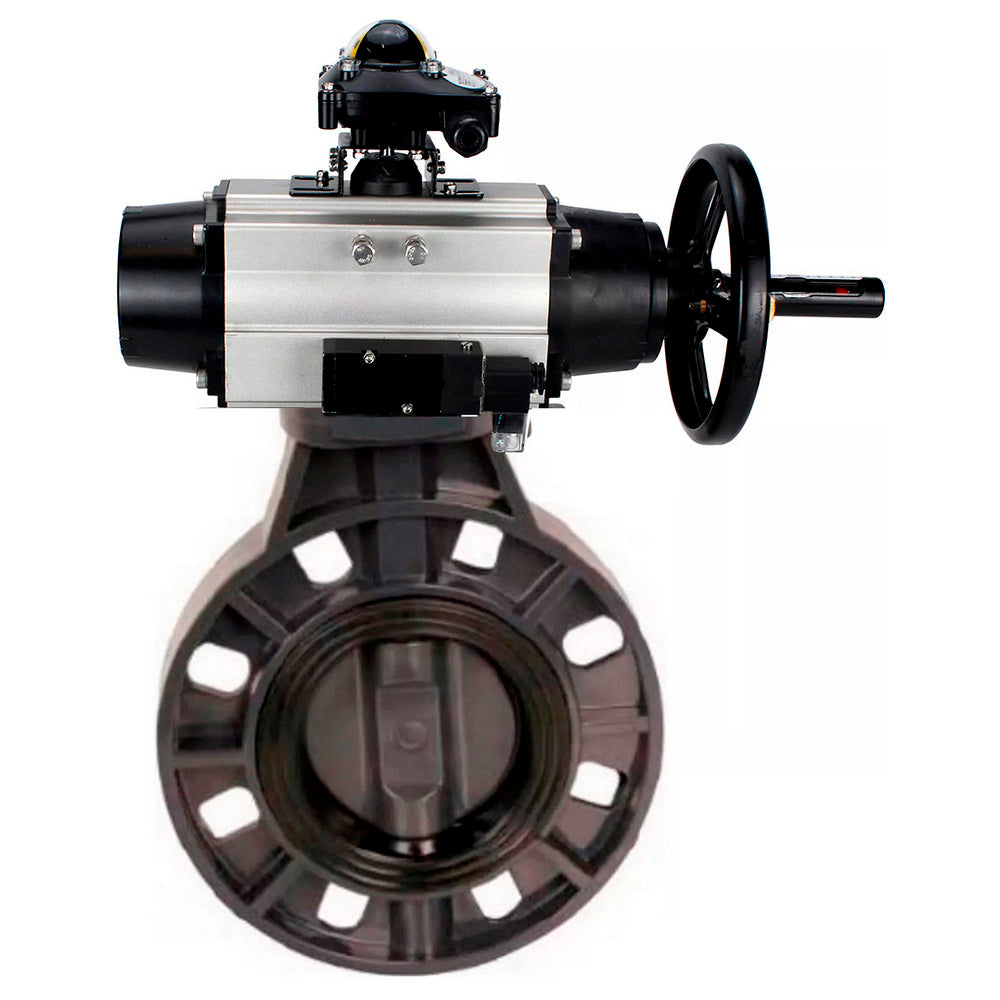 Butterfly valves Elephant WBV4242E-2W-Fb-ISO, body material - UPVC, disc material - UPVC, seal - EPDM, with pneumatic actuator double action PA-DA-105-1, pneumatic distributor 4M310-08 220V and LSU APL-510N EX