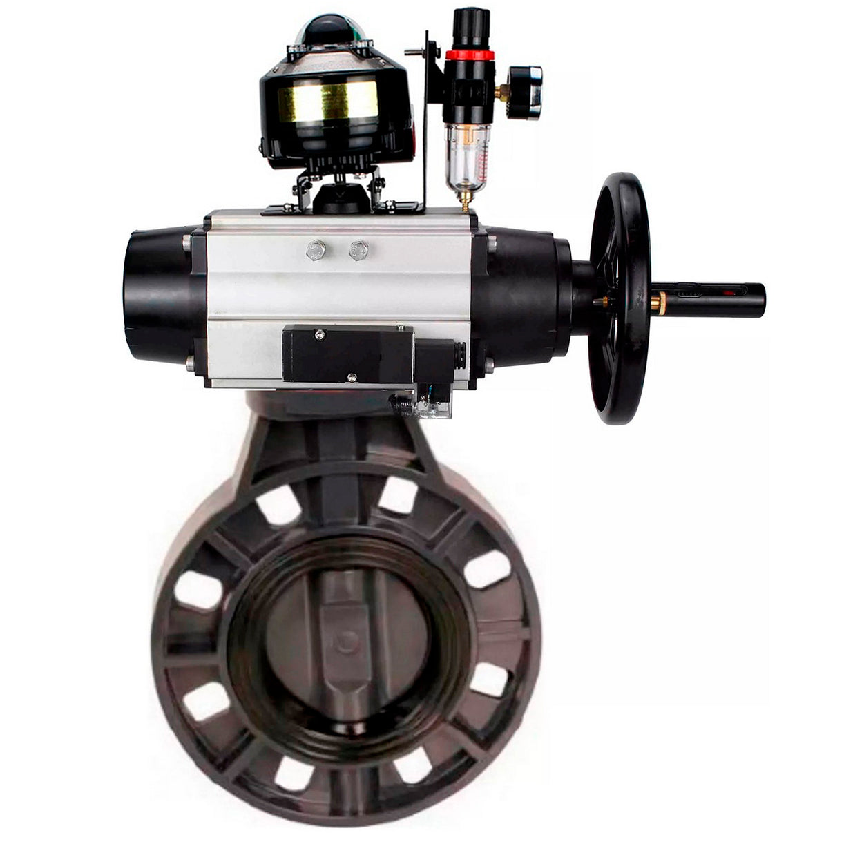 Butterfly valves Elephant WBV4242E-2W-Fb-ISO, body material - UPVC, disc material - UPVC, seal - EPDM, with pneumatic actuator double action PA-DA-105-1, pneumatic distributor 4M310-08 NAMUR 24V, LSU APL-210N and ATU AFC2000