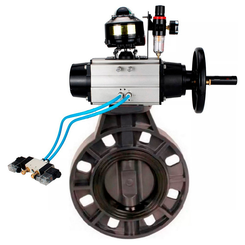 Butterfly valves Elephant WBV4242E-2W-Fb-ISO, body material - UPVC, disc material - UPVC, seal - EPDM, with pneumatic actuator double action PA-DA-105-1, pneumatic distributor 4V320-10 220V, LSU APL-410N EX and ATU AFC2000