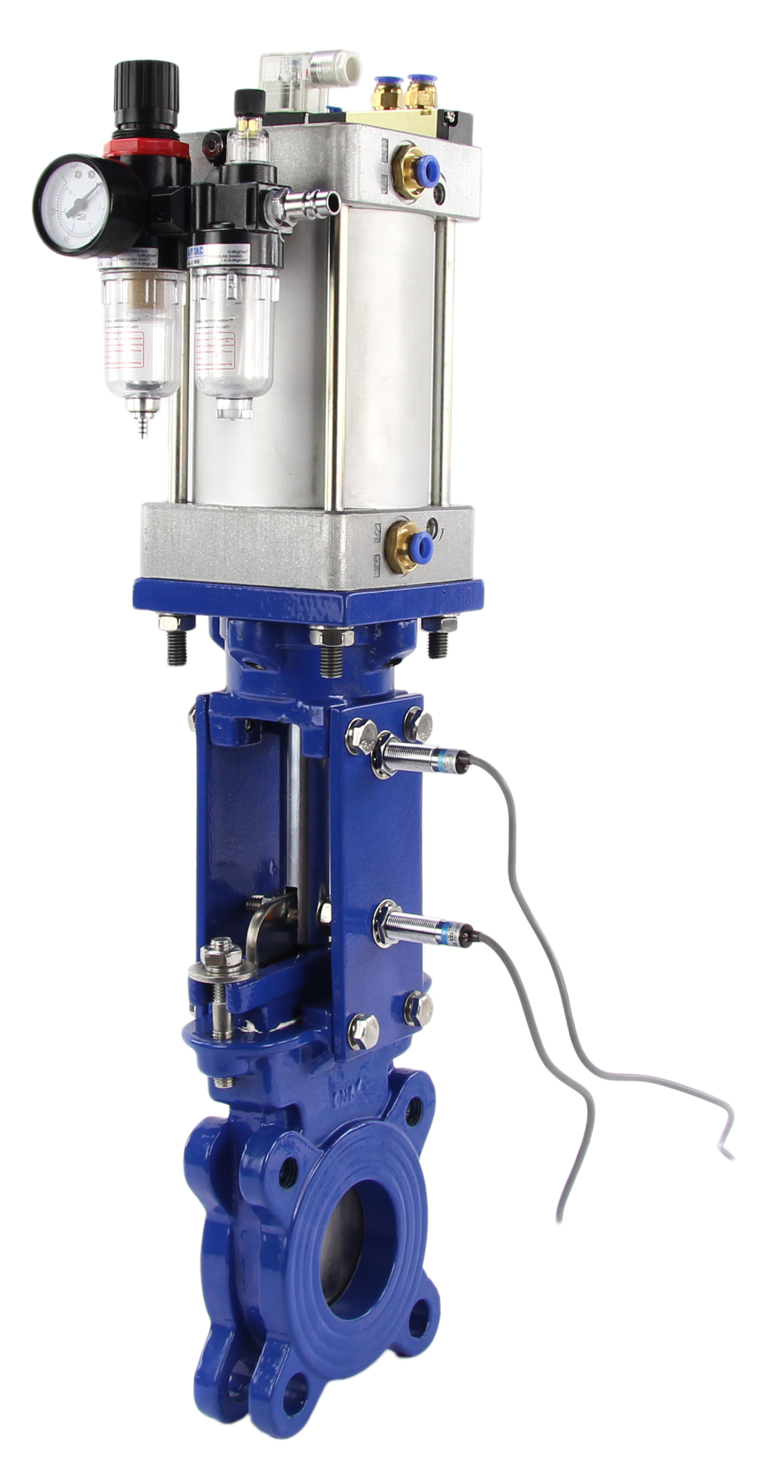 Knife Gate Valve wafer type Elephant WCB-SS304-1W-DA PSI145 METAL Class 125 with pneumatic actuator, 4V210-08 110/220V pneumatic solenoid valve, LJ12A3-4-J/EZ 110/220V inductive sensors and AFC2000 air filter