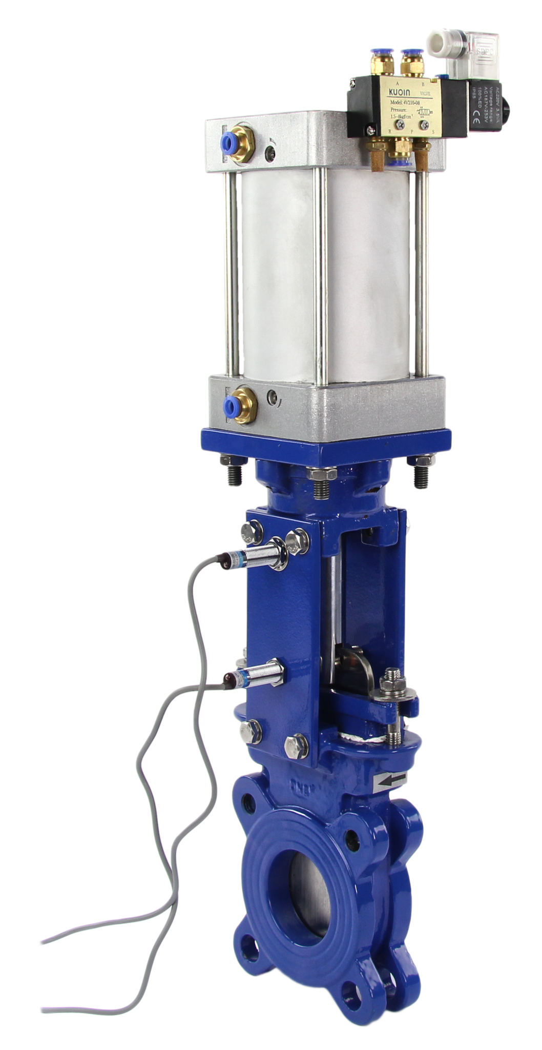 Knife Gate Valve wafer type Elephant WCB-SS304-1W-DA PSI145 METAL Class 125 with pneumatic actuator, 4V210-08 110/220V pneumatic solenoid valve, LJ12A3-4-J/EZ 110/220V inductive sensors and AFC2000 air filter
