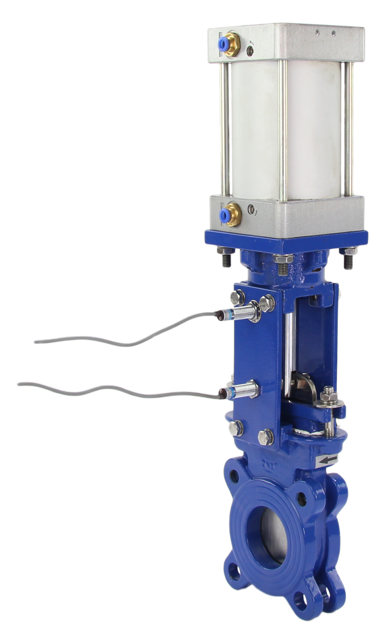 Knife Gate Valve wafer type Elephant WCB-SS304-1W-DA 10 bar METAL Class 125 with pneumatic actuator, 4V210-08 24V pneumatic solenoid valve and LJ12A3-4-J/EZ 24V inductive sensors