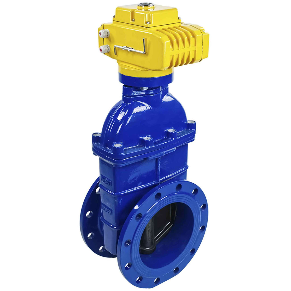 Wedge gate valve Elephant 30X939H GVWN1414E-2W-F flange connection, body material - cast iron GGG50, wedge material - rubber, seal - EPDM, color - blue, with a non-rising spindle, electric actuator Elephant MT-200-380, 380V