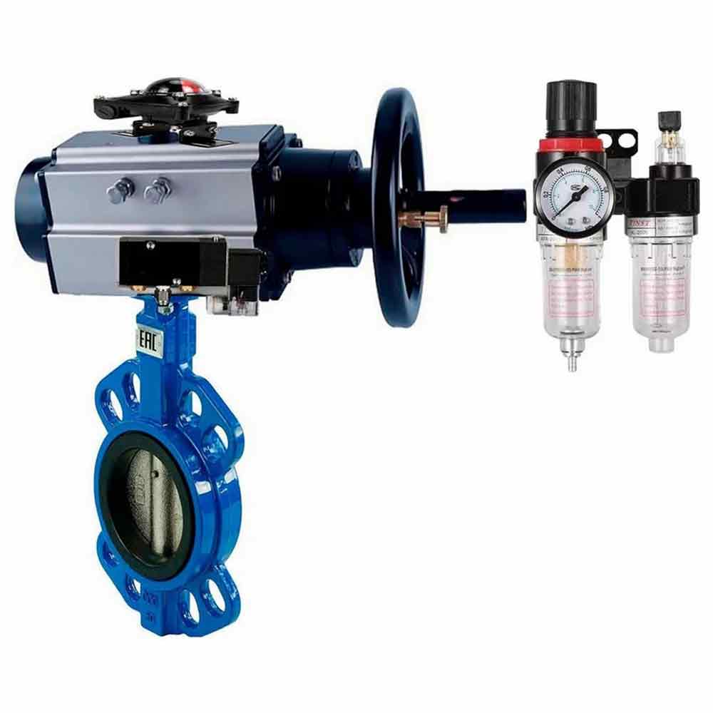 Water Butterfly Valve Elephant WBV1432N-2W-Fb body material - Cast iron GGG50/EN-GJS-500-7, disk material - Stainless steel AISI 316L/1.4404, seal - NBR with pneumatic actuator double acting PA-DA-105-1, pneumatic distributor 4V320-10 220V, limit switch