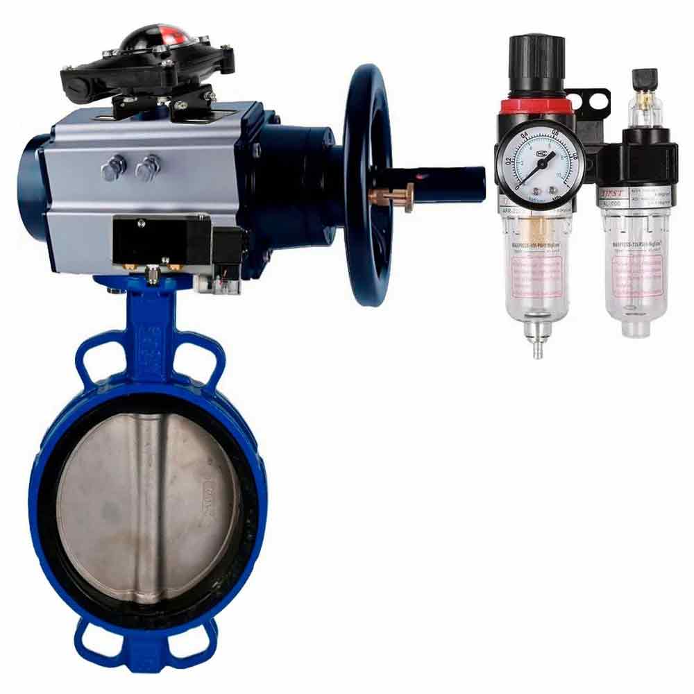 Water Butterfly Valve Elephant WBV1432E-2W-Fb body material - Cast iron GGG50/EN-GJS-500-7, disk material - Stainless steel AISI 316L/1.4404, seal - EPDM with pneumatic actuator double acting PA-DA-105-1, pneumatic distributor 4V320-08 220V, limit