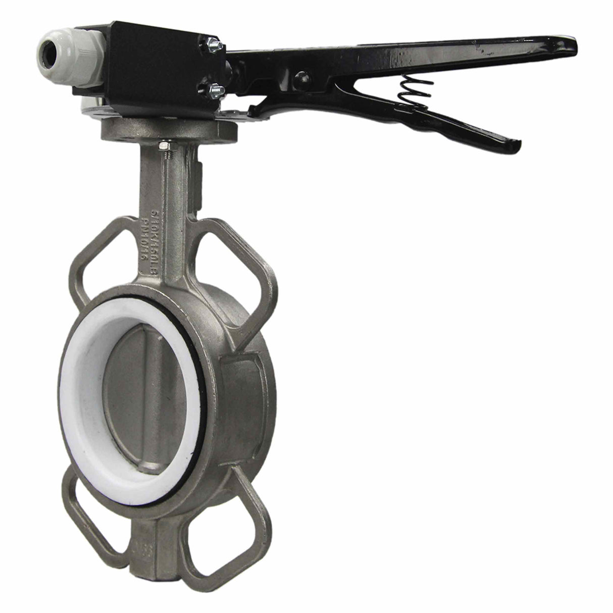 Water butterfly valve Elephant 316L-316L-PTFE body material - stainless steel AISI 316L, disk material - stainless steel AISI 316L, seal - PTFE with handle, with two LS-103 250V limit switches and a bracket for mounting the limit switches