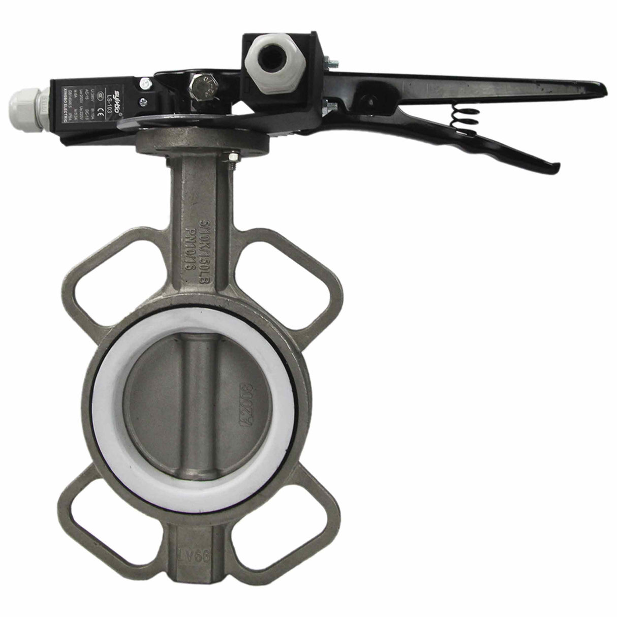 Water butterfly valve Elephant 316L-316L-PTFE body material - stainless steel AISI 316L, disk material - stainless steel AISI 316L, seal - PTFE with handle, with two LS-103 250V limit switches and a bracket for mounting the limit switches