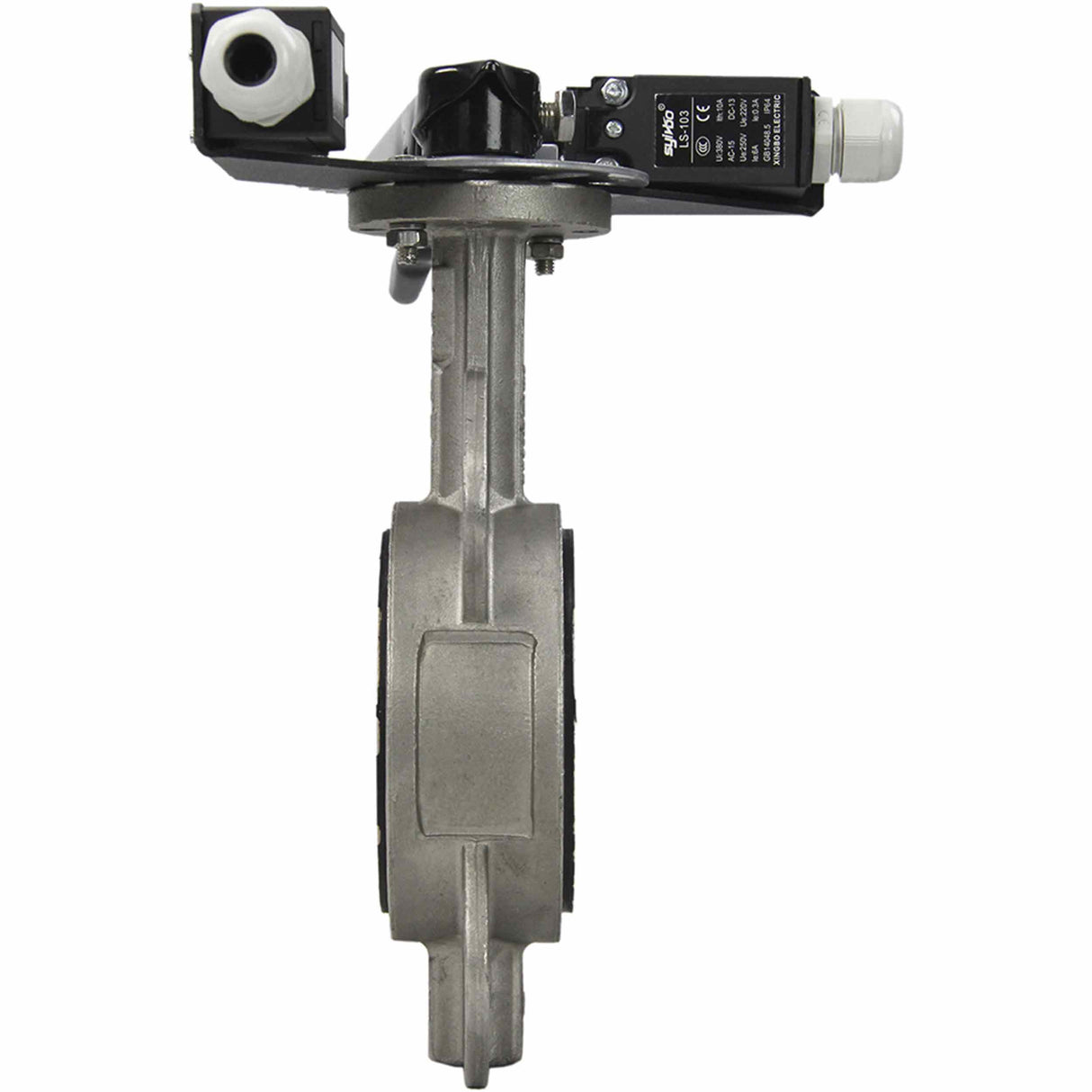 Water butterfly valve Elephant 316L-316L-PTFE body material - stainless steel AISI 316L, disk material - stainless steel AISI 316L, seal - PTFE with handle, with two LS-103 250V limit switches and a bracket for mounting the limit switches