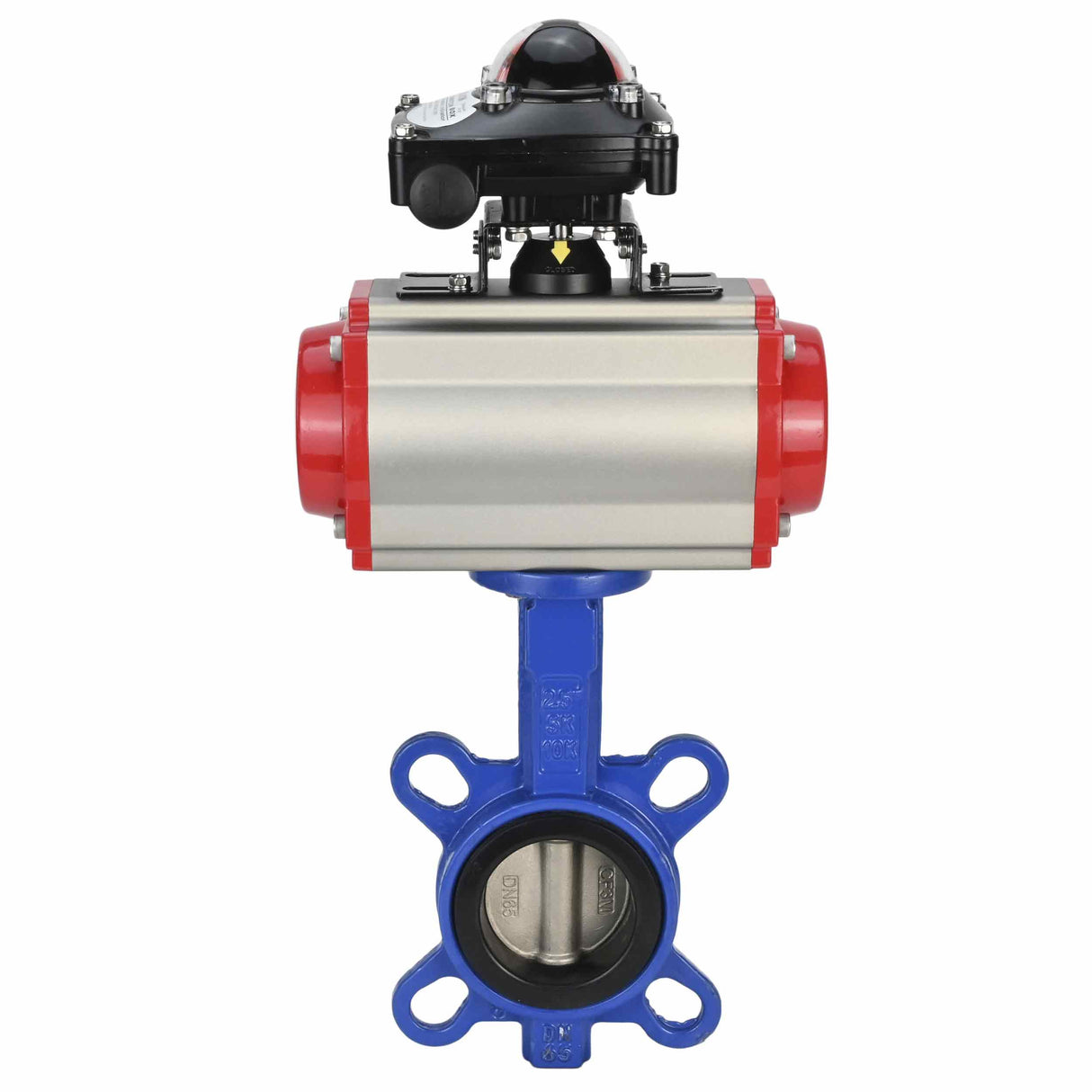 Water Butterfly Valve Elephant WBV1332N-2W-Fb-H body material - Cast iron GGG50, disk material - Stainless steel 316L, seal - NBR with pneumatic actuator SA, pneumatic distributor 4M310-08 24V and limit switch block APL-210N