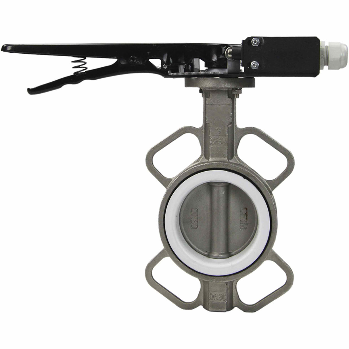 Water butterfly valve Elephant 316L-316L-PTFE body material - stainless steel AISI 316L, disk material - stainless steel AISI 316L, seal - PTFE with handle, with two LS-103 250V limit switches and a bracket for mounting the limit switches