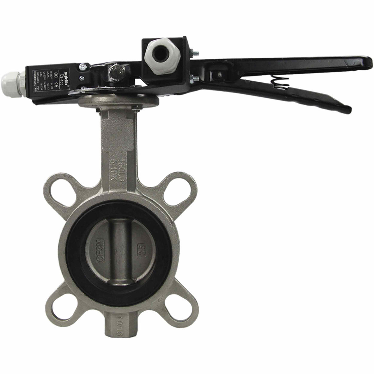 Water butterfly valve Elephant 316L-316L-NBR body material - stainless steel AISI 316L, disk material - stainless steel AISI 316L, seal - NBR with handle, with two limit switches LS-103 250V and a bracket for mounting limit switches