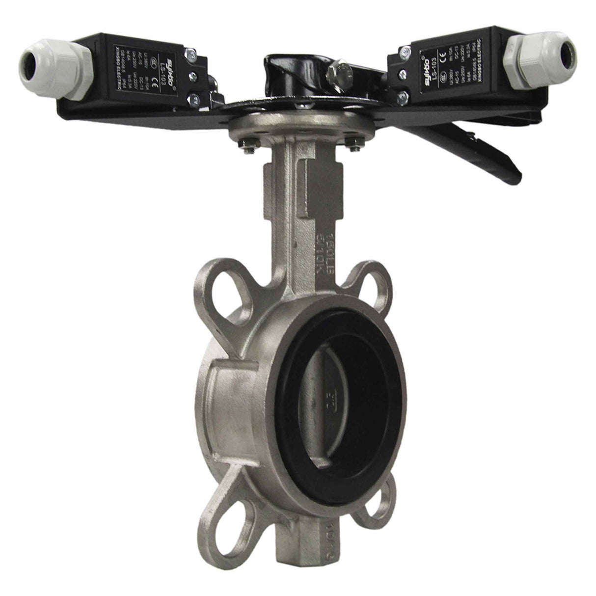 Water butterfly valve Elephant 316L-316L-EPDM body material - stainless steel AISI 316L, disk material - stainless steel AISI 316L, seal - EPDM with handle, with two limit switches LS-103 250V and a bracket for mounting limit switches