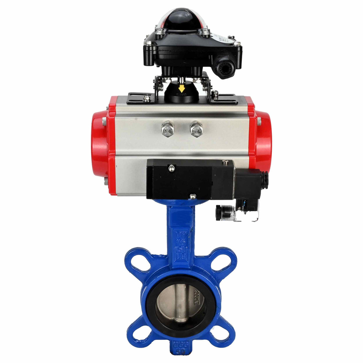 Water Butterfly Valve Elephant WBV1332N-2W-Fb-H body material - Cast iron GGG50, disk material - Stainless steel 316L, seal - NBR with pneumatic actuator SA, pneumatic distributor 4M310-08 24V and limit switch block APL-210N