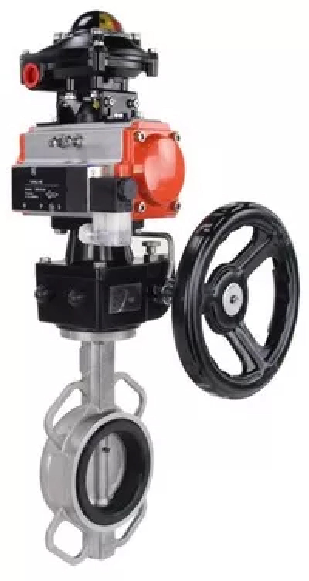 Water Butterfly Valve Elephant WBV3232E-2W-Fb-H, body material - stainless steel AISI 316L, disk material - stainless steel AISI 316L, seal - EPDM, with pneumatic actuator double action PA-DA, 4V320-08 220V, handwheel MON, LSU APL-210N