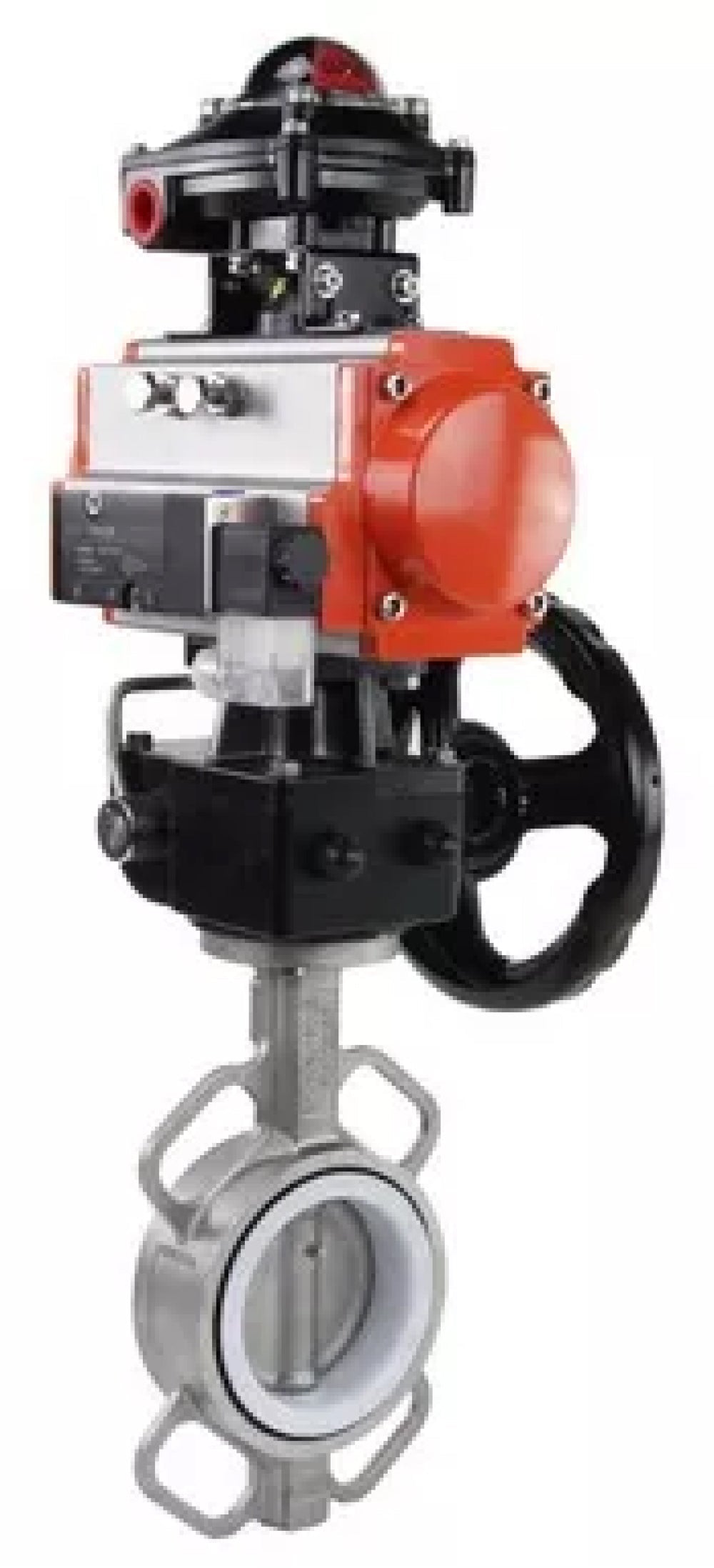 Water Butterfly Valve Elephant WBV3232P-2W-Fb-H, body material - stainless steel AISI 316L, disk material - stainless steel AISI 316L, seal - PTFE, with pneumatic actuator double action PA-DA, 4V320-08 220V, handwheel MON, LSU APL-410N EX