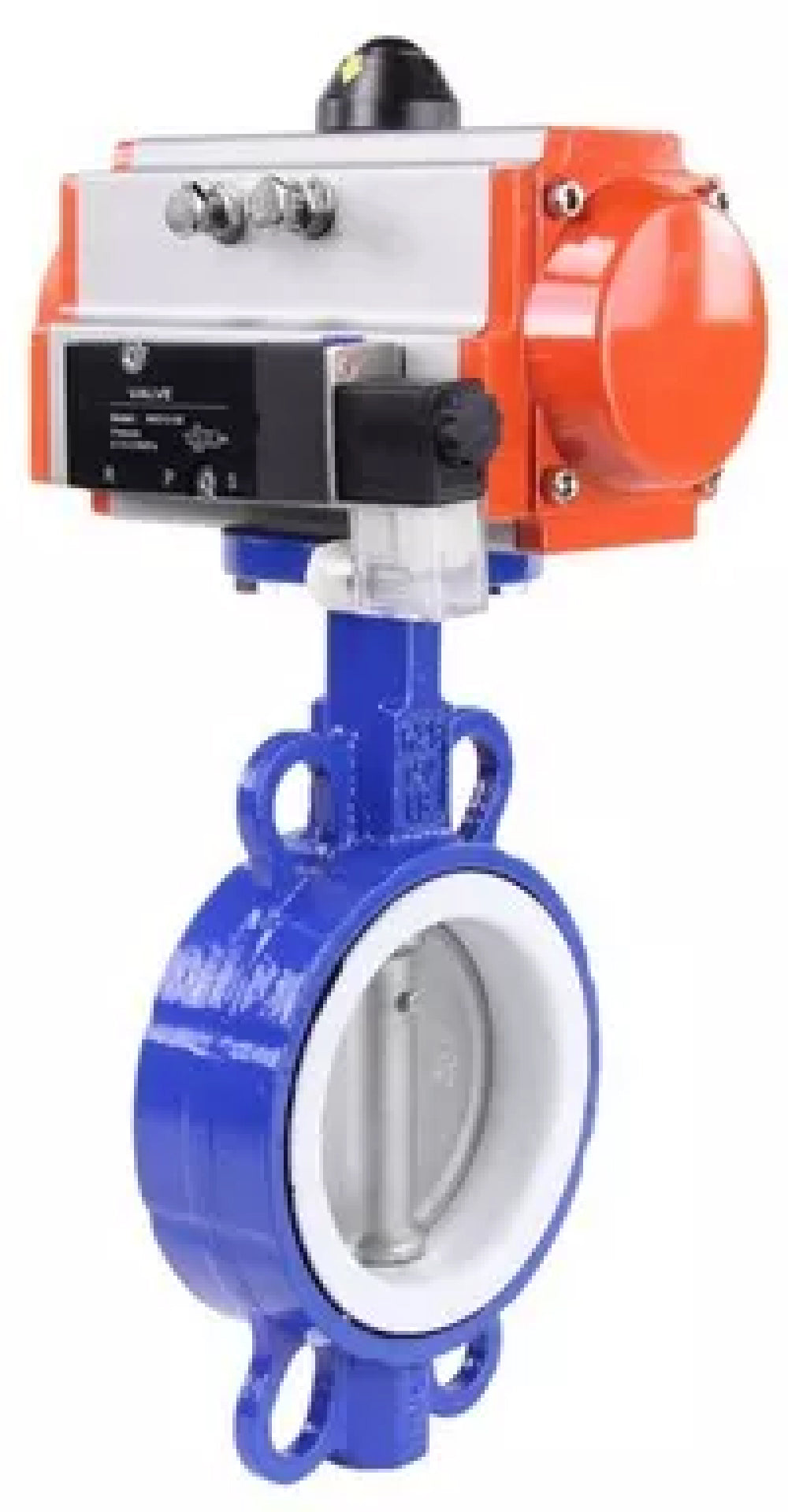 Water Butterfly Valve Elephant WBV3432P-2W-Fb-H, body material - carbon steel, disk material - stainless steel AISI 316L, seal - PTFE, with pneumatic actuator double action PA-DA, 4V320-08 220V