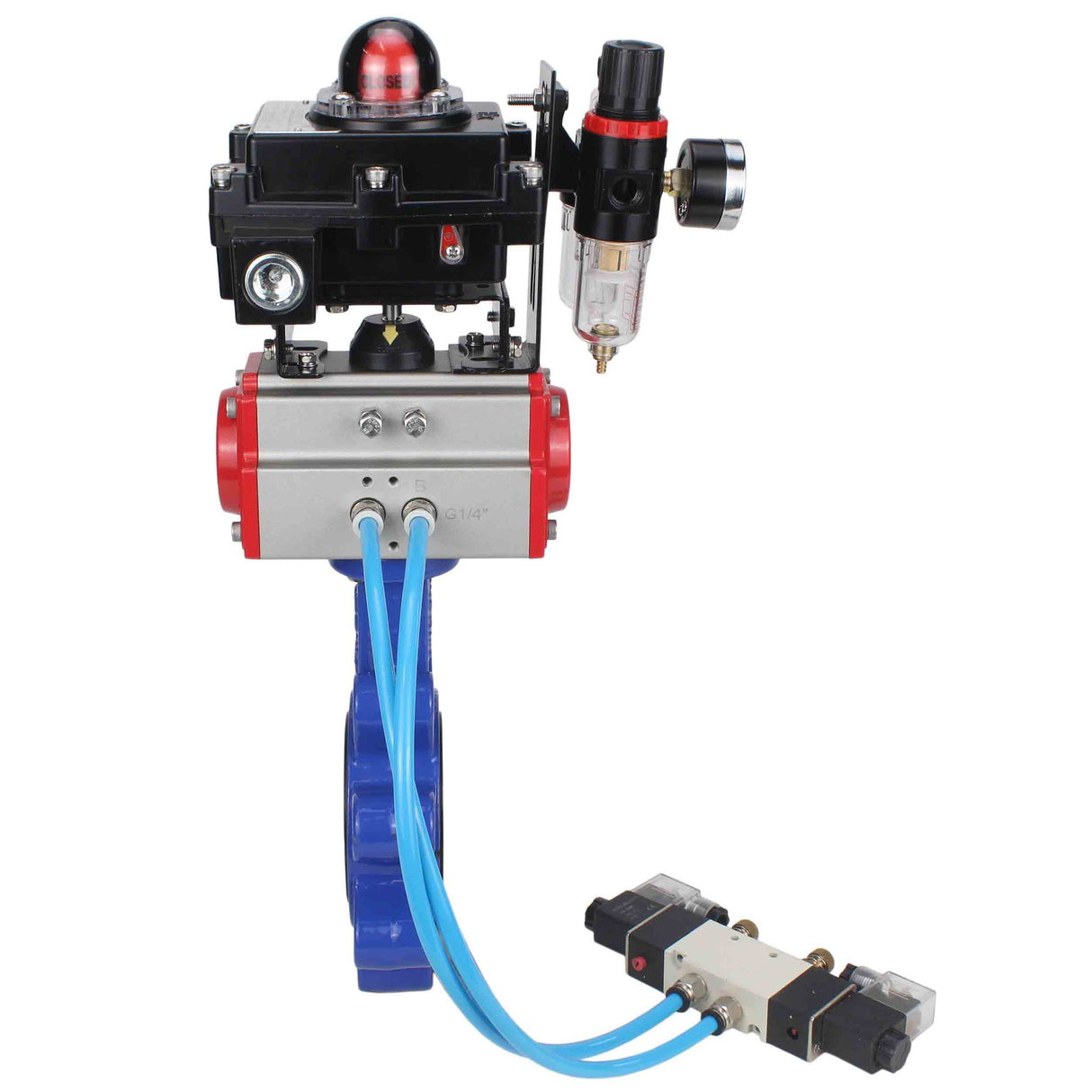 Water Butterfly Valve Elephant WBV1616E-2W-Fb-H, body material - cast iron QT450, disk material - cast iron QT450, seal - EPDM, pneumatic actuator PA-SA with return springs, 4V320-10 220V, LSU APL-410N EX, ATU AFC2000