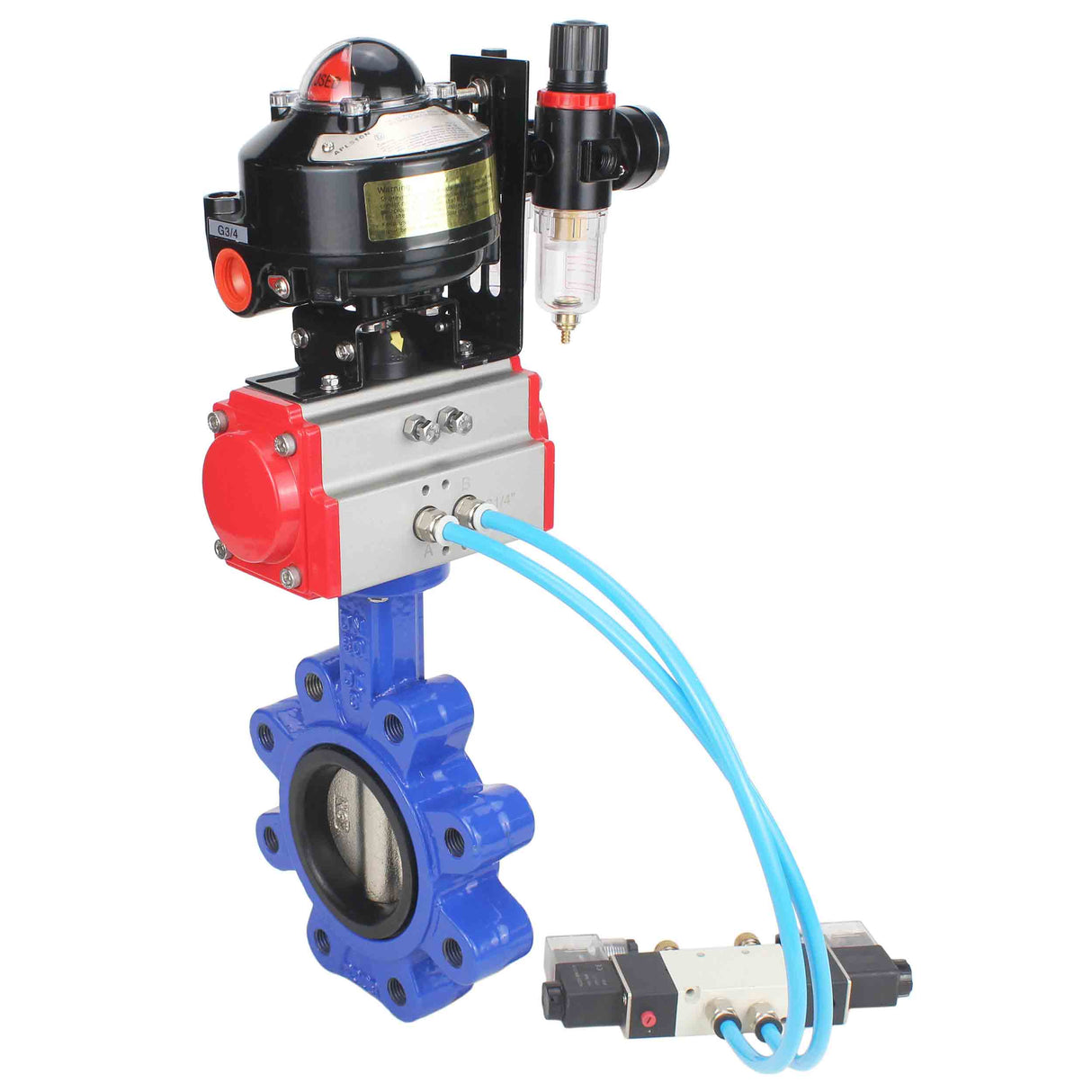 Water Butterfly Valve Elephant WBV1616N-2W-Fb-H, body material - cast iron QT450, disk material - cast iron QT450, seal - NBR, pneumatic actuator PA-SA with return springs, 4V320-10 220V, LSU APL-510N EX, ATU AFC2000